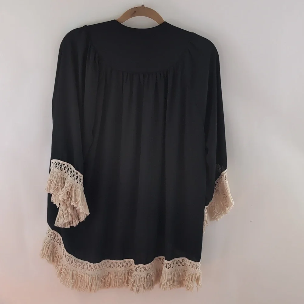 Elegant Black Fringe Kimono Up to Size Large